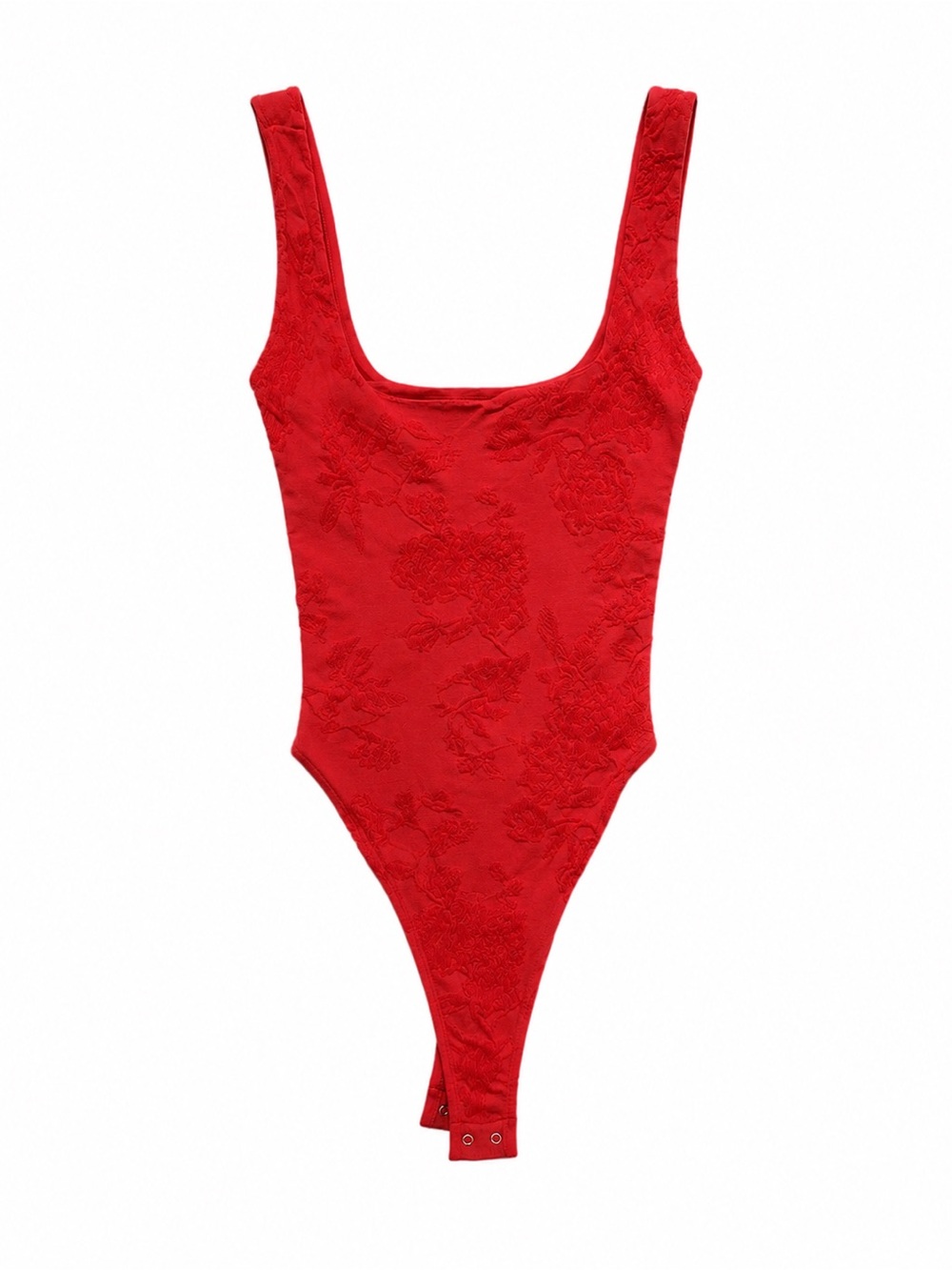 Free People Red Scoop Neck Send Love Seamless Lace-Textured Bodysuit